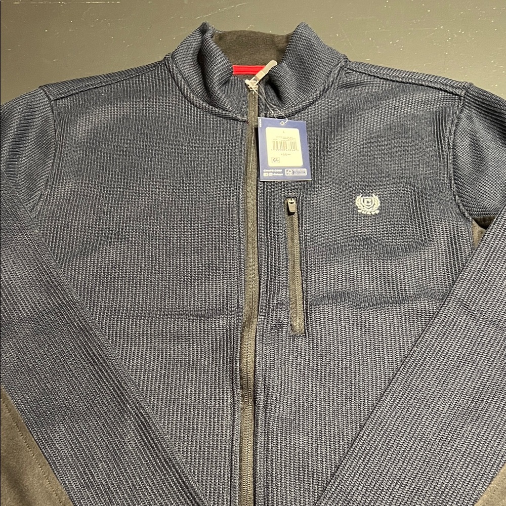 Chaps Dark Blue and Black Zip-Up Mixed Media Sweater size L Brand New with Tags